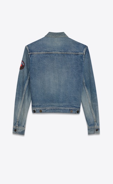 SAINT LAURENT Casual Jackets Woman Jeans jacket with badge in faded blue denim b_V4